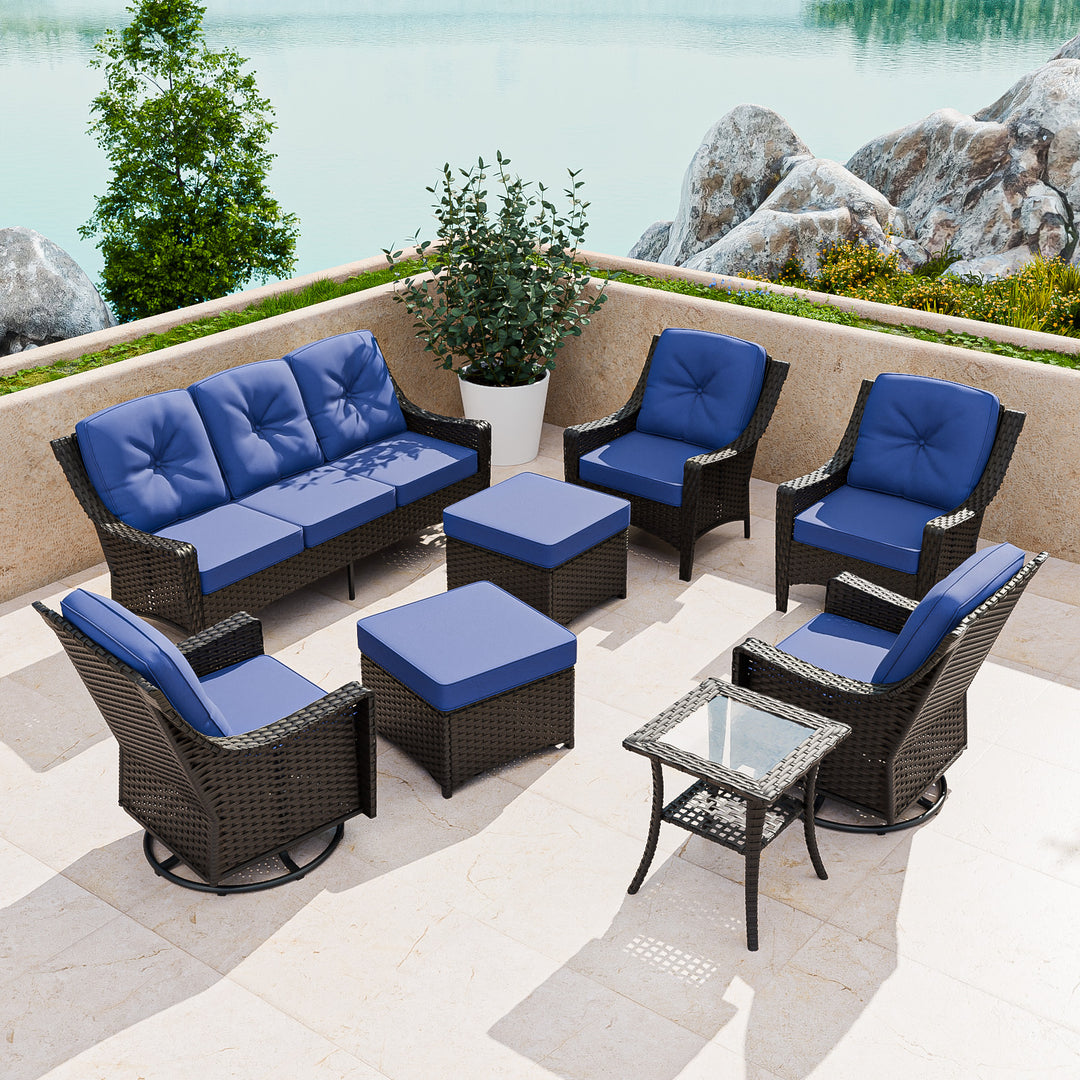 COOS BAY Stone Harbor 8 PCS Outdoor Sofa Set, Swivel Rockers, Patio Chairs, Couch, Ottomans, and Side Table