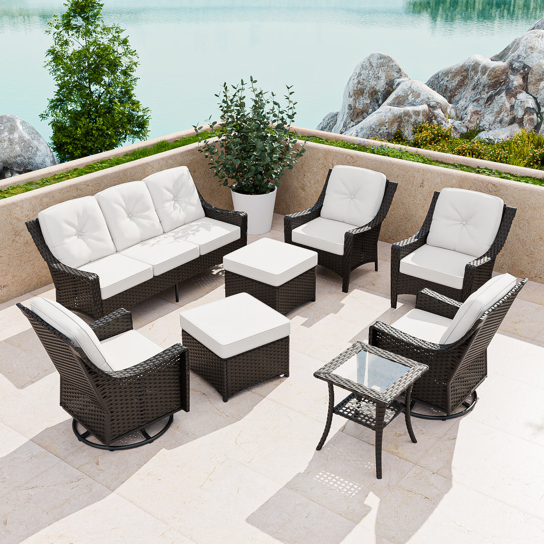 COOS BAY Stone Harbor 8 PCS Outdoor Sofa Set, Swivel Rockers, Patio Chairs, Couch, Ottomans, and Side Table