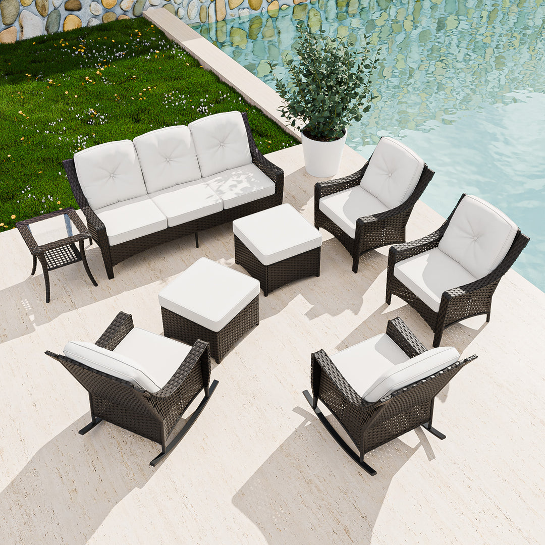 COOS BAY Stone Harbor 8 PCS Outdoor Sofa Set, Rocking Chairs, Patio Chairs, Couch, Ottomans