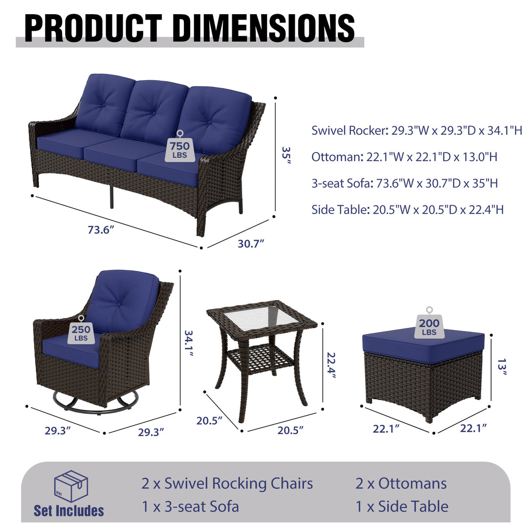 COOS BAY Stone Harbor 6 PCS Furniture Set Swivel Rockers, Couch, Ottomans, and Side Table