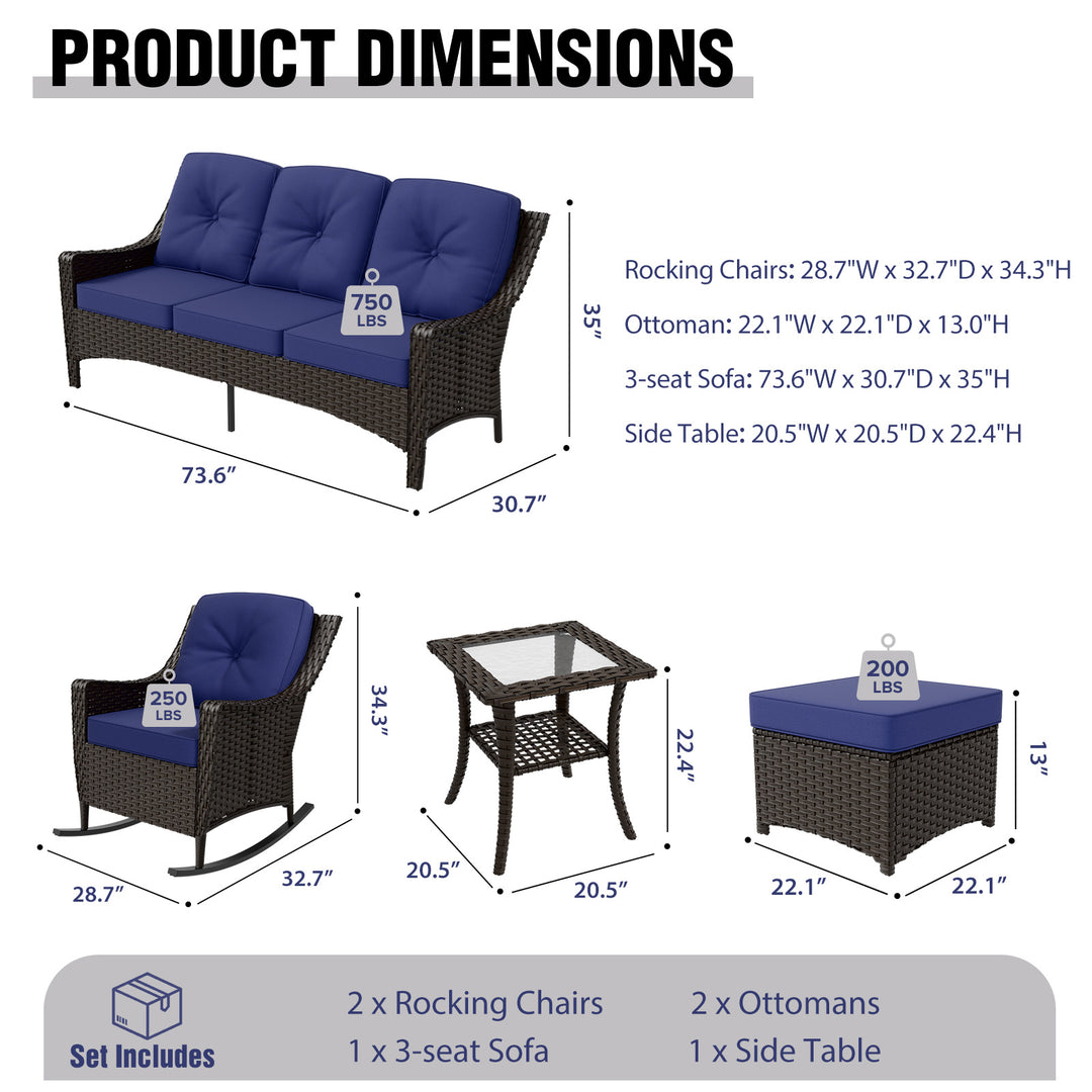 COOS BAY Stone Harbor 6 PCS Rocking Chairs, Couch, Ottomans, and Side Table
