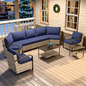 7 Pcs Furniture Set with Patio Chairs, Curved Sectional Sofas, Coffee Table and Side Table