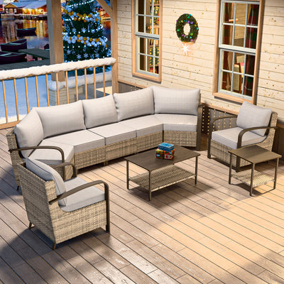 COOS BAY Palm Breeze 7 PCS Furniture Set w/ Patio Chairs, Curved Sectional Sofas, Coffee Table and Side Table