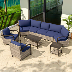 7 Pcs Furniture Set with Patio Chairs, Curved Sectional Sofas, Coffee Table and Side Table