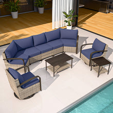 Load image into Gallery viewer, Palm Breeze 7 Pcs Curved Patio Conversation Set with Swivel Rocking Chairs, Curved Sofas, Coffee Table and Side Table