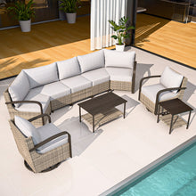 Load image into Gallery viewer, Palm Breeze 7 Pcs Curved Patio Conversation Set with Swivel Rocking Chairs, Curved Sofas, Coffee Table and Side Table