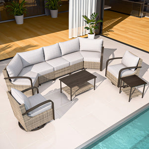 Palm Breeze 7 Pcs Curved Patio Conversation Set with Swivel Rocking Chairs, Curved Sofas, Coffee Table and Side Table