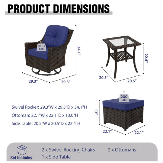 COOS BAY Stone Harbor 5 PCS Wicker Outdoor Furniture Set w/Swivel Rockers, Ottomans and Side Table