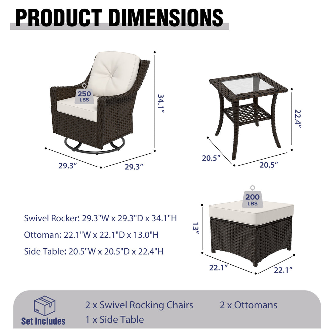 COOS BAY Stone Harbor 5 PCS Wicker Outdoor Furniture Set w/Swivel Rockers, Ottomans and Side Table