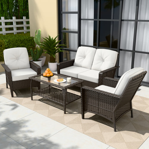 COOS BAY Patio Furniture Set, 4 Pieces Outdoor Rattan Sofa Set with Coffee Table