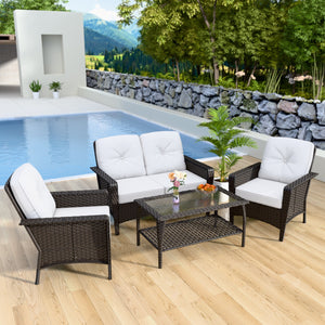 COOS BAY Patio Furniture Set, 4 Pieces Outdoor Rattan Sofa Set with Coffee Table