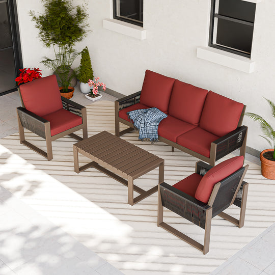 COOS BAY Natural Cedar 4 PCS Furniture Set w/Sofa 2 Chairs and Coffee Table