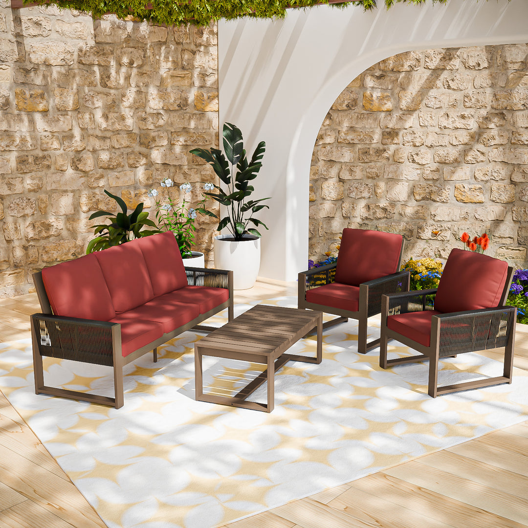 COOS BAY Natural Cedar 4 PCS Furniture Set w/Sofa 2 Chairs and Coffee Table