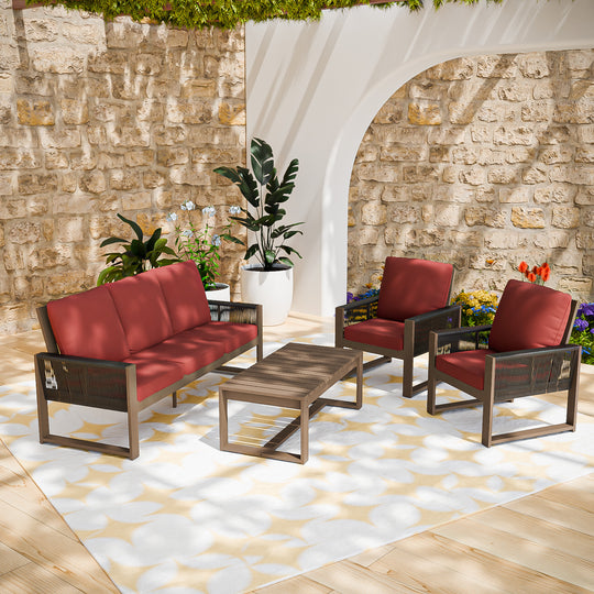COOS BAY Natural Cedar 4 PCS Furniture Set w/Sofa 2 Chairs and Coffee Table