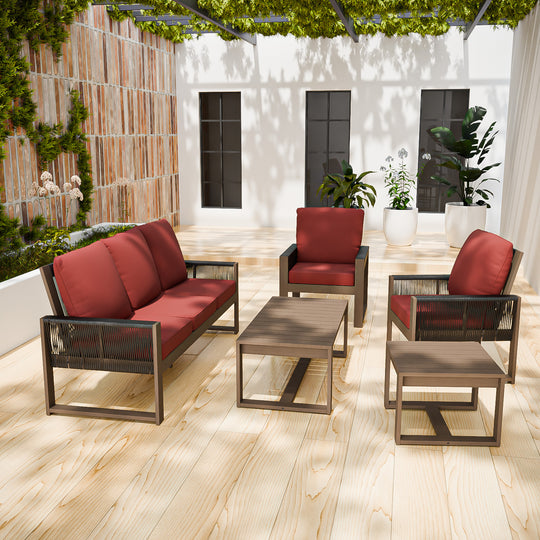 COOS BAY Natural Cedar 5 PCS Furniture Set w/ Sofa, 2 Patio Chairs, Coffee Table, and Side Table