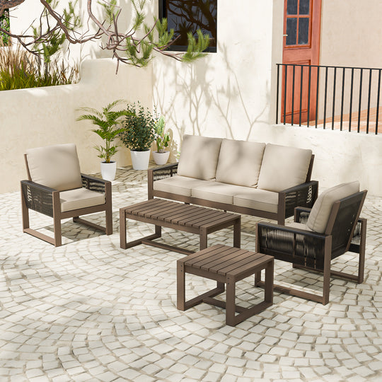 COOS BAY Natural Cedar 5 PCS Furniture Set w/ Sofa, 2 Patio Chairs, Coffee Table, and Side Table