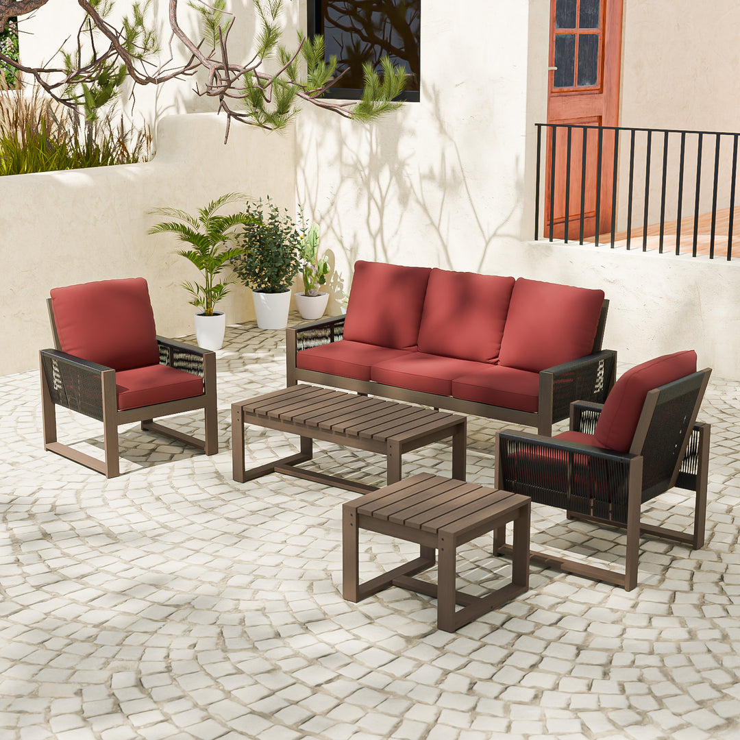 COOS BAY Natural Cedar 5 PCS Furniture Set w/ Sofa, 2 Patio Chairs, Coffee Table, and Side Table