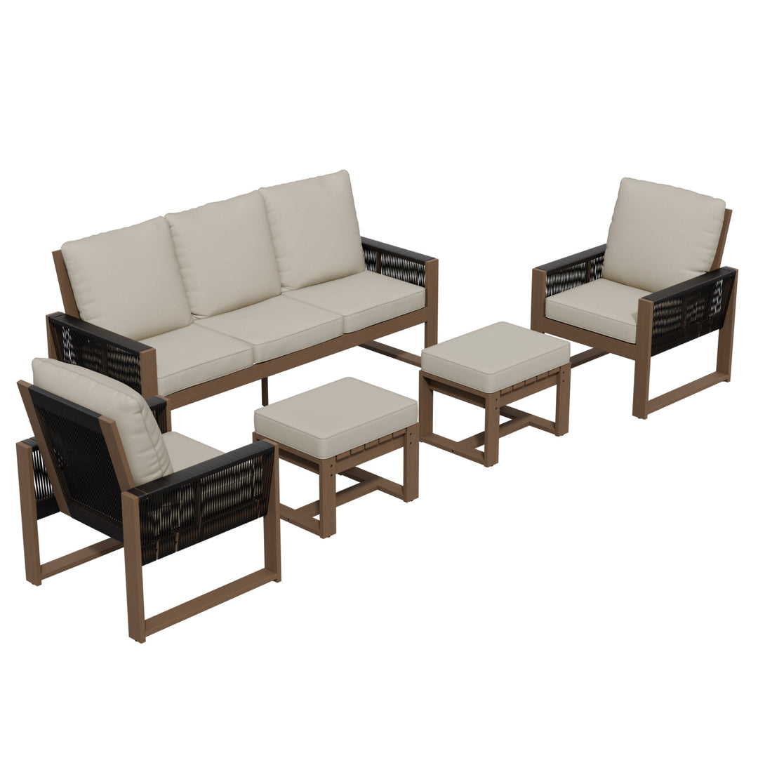 COOS BAY Natural Cedar 5 PCS Furniture Set w/Sofa 2 Patio Chairs and 2 Ottomans