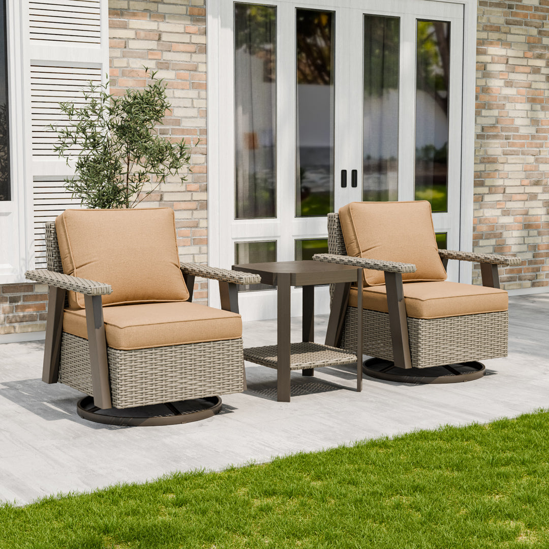 COOS BAY Rustic Hideaway Outdoor Swivel 3-Piece Rocker Patio Chairs and Table Set, Beige/Beige, Tan, Dark Blue, Black, Red