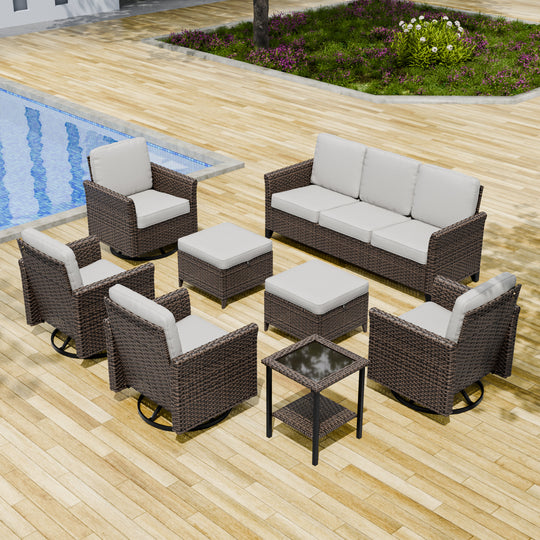 COOS BAY 8 PCS Harbor Retreat Furniture Set w/ 4 Swivel Rocking Chairs, Couch, Side Table and Ottomans