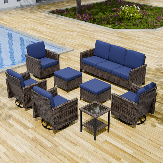 COOS BAY 8 PCS Harbor Retreat Furniture Set w/ 4 Swivel Rocking Chairs, Couch, Side Table and Ottomans