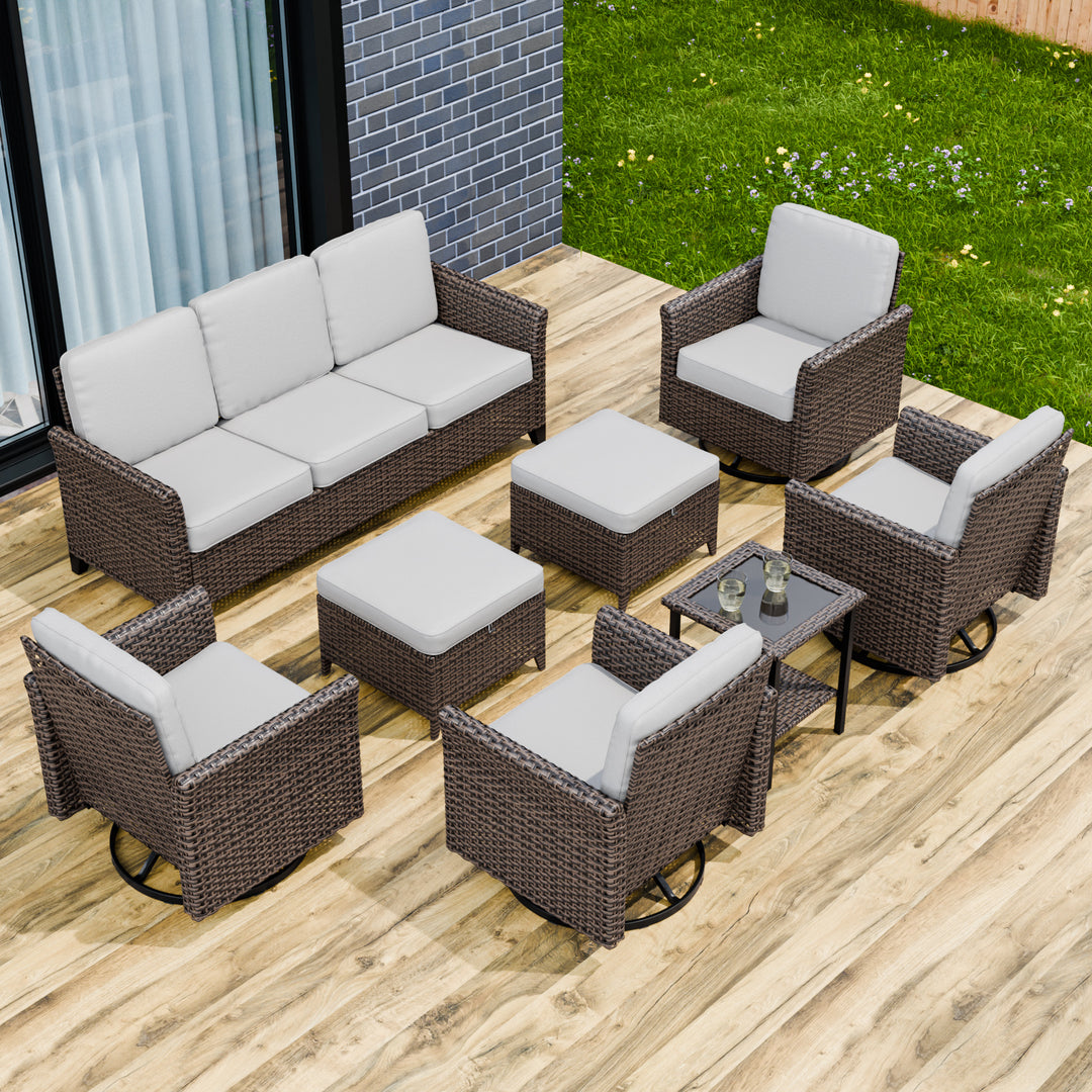 COOS BAY 8 PCS Harbor Retreat Furniture Set w/ 4 Swivel Rocking Chairs, Couch, Side Table and Ottomans