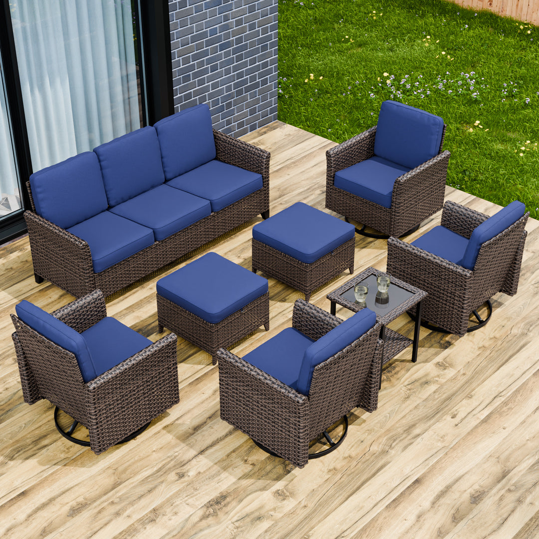 COOS BAY 8 PCS Harbor Retreat Furniture Set w/ 4 Swivel Rocking Chairs, Couch, Side Table and Ottomans