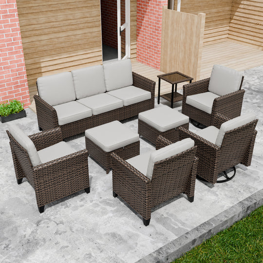 COOS BAY Harbor Retreat 8 PCS Furniture Set w/ Swivel Rocking Chairs, Patio Chairs, Couch, Side Table and Ottomans