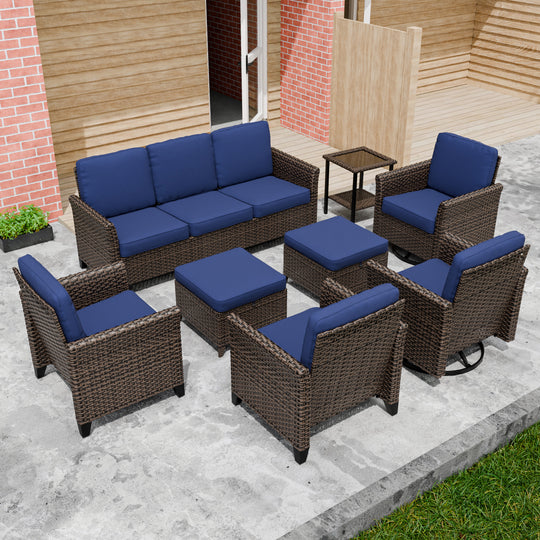 COOS BAY Harbor Retreat 8 PCS Furniture Set w/ Swivel Rocking Chairs, Patio Chairs, Couch, Side Table and Ottomans