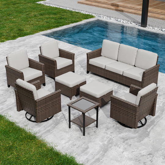 COOS BAY Harbor Retreat 8 PCS Furniture Set w/ Swivel Rocking Chairs, Patio Chairs, Couch, Side Table and Ottomans
