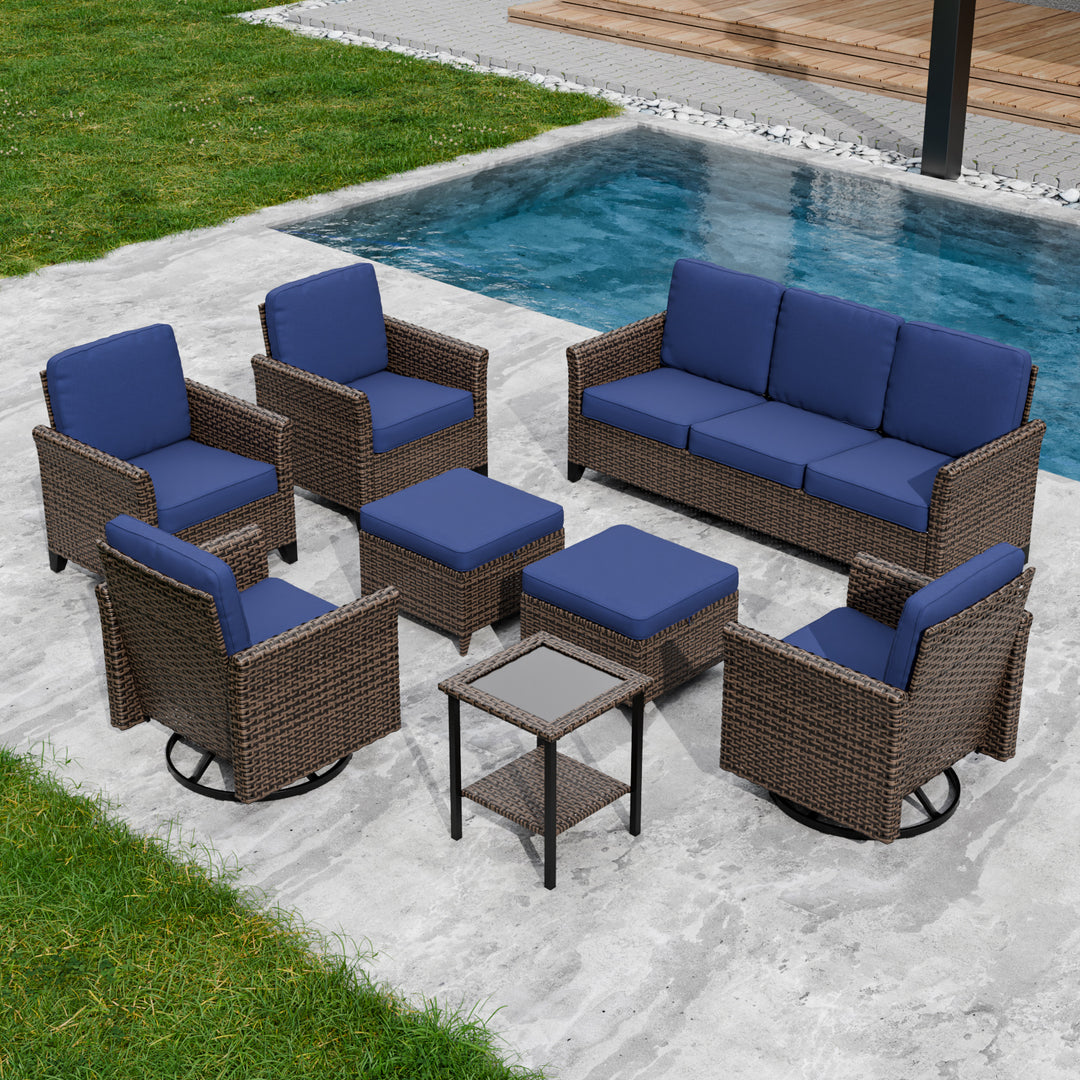 COOS BAY Harbor Retreat 8 PCS Furniture Set w/ Swivel Rocking Chairs, Patio Chairs, Couch, Side Table and Ottomans