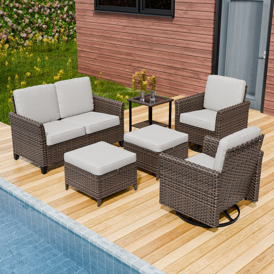 COOS BAY Harbor Retreat 6 PCS Furniture Set w/ Swivel Rocking Chairs, Loveseat, Side Table and Ottomans