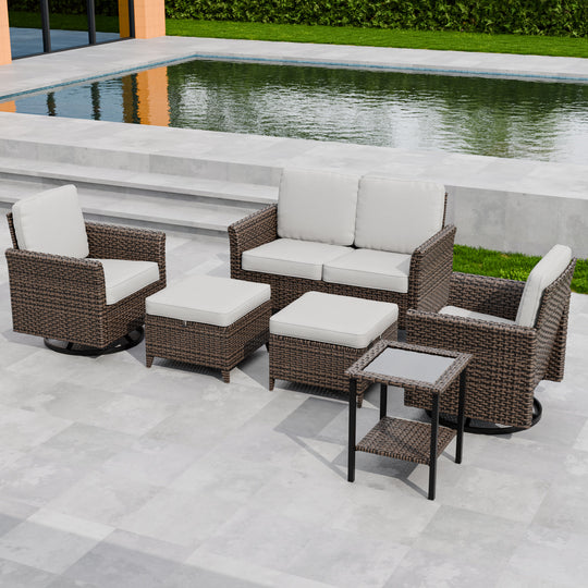 COOS BAY Harbor Retreat 6 PCS Furniture Set w/ Swivel Rocking Chairs, Loveseat, Side Table and Ottomans