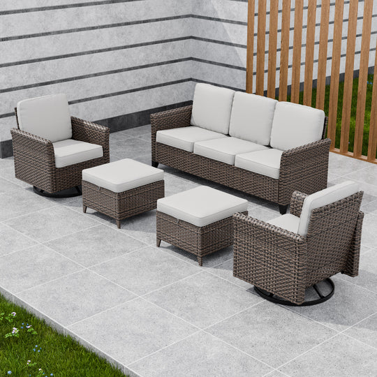 COOS BAY Harbor Retreat 5 PCS Bistro Set w/ Swivel Rocking Chairs, Couch and Ottomans