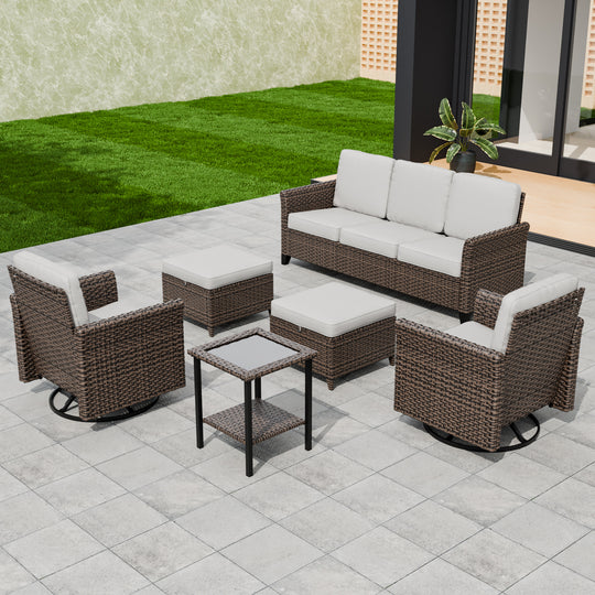 COOS BAY Harbor Retreat 6 PCS Furniture Set w/ Swivel Rocking Chairs, Couch, Side Table and Ottomans