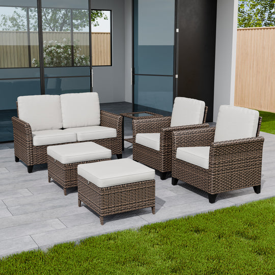 COOS BAY Harbor Retreat 6 PCS Patio Furniture Set w/ Patio Chairs, Loveseat, Side Table and Ottomans
