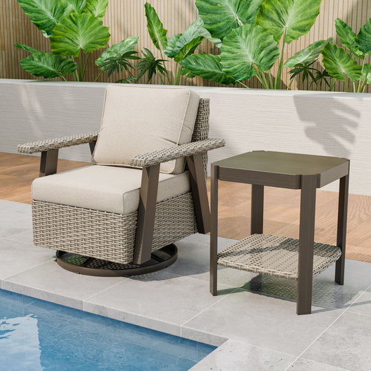 Rustic Hideaway 2-Piece Outdoor Swivel Rocker Patio Chair and Table Set, Beige/Beige, Black, Dark Blue, Red, Tan