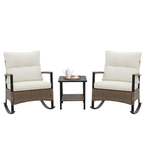 COOS BAY 3-Piece Outdoor Wicker Rocking Chair Bistro Set of 2 PE Rattan Rocker Chairs with Side Table for Garden, Lawn, Deck, Backyard