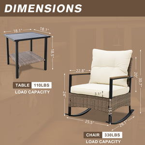COOS BAY 3-Piece Outdoor Wicker Rocking Chair Bistro Set of 2 PE Rattan Rocker Chairs with Side Table for Garden, Lawn, Deck, Backyard