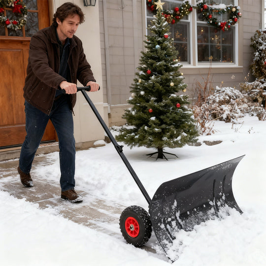 COOS BAY Wheeled Snow Shovel Single/Double Rod Snow Pusher with Adjustable Angle