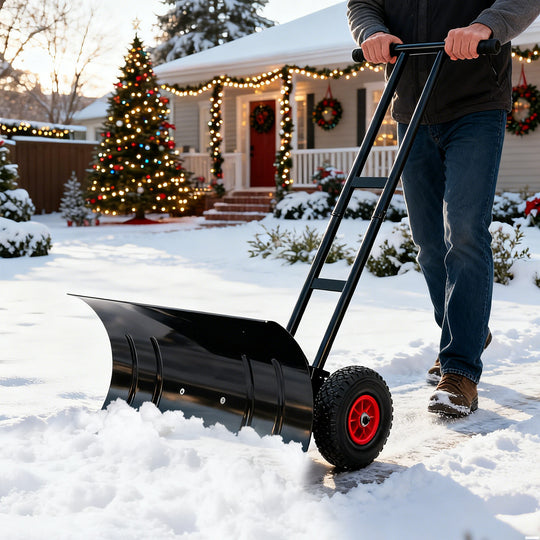 COOS BAY Wheeled Snow Shovel Single/Double Rod Snow Pusher with Adjustable Angle