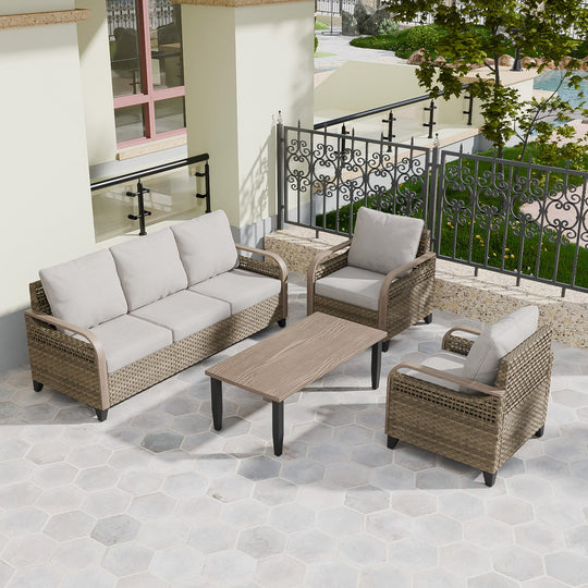 COOS BAY 4 PCS Modern Wicker Set with Patio Chairs, 3 Seat Couch, and Side Table