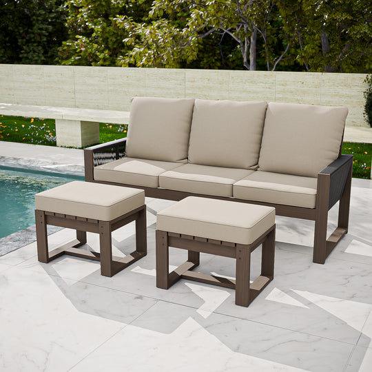 COOS BAY Natural Cedar 3 PCS Furniture Set w/ Sofa and Ottomans