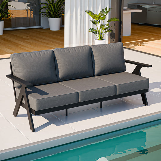 COOS BAY Iron Luxe Modern Outdoor Sofa, Black/Beige