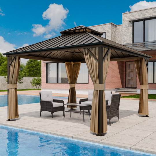 COOS BAY Hardtop Aluminum Frame Gazebo with Netting and Curtains