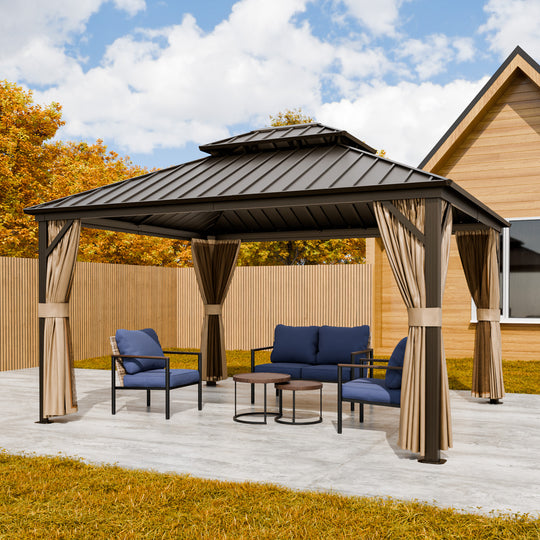 COOS BAY Hardtop Aluminum Frame Gazebo with Netting and Curtains