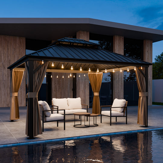 COOS BAY Hardtop Aluminum Frame Gazebo with Netting and Curtains