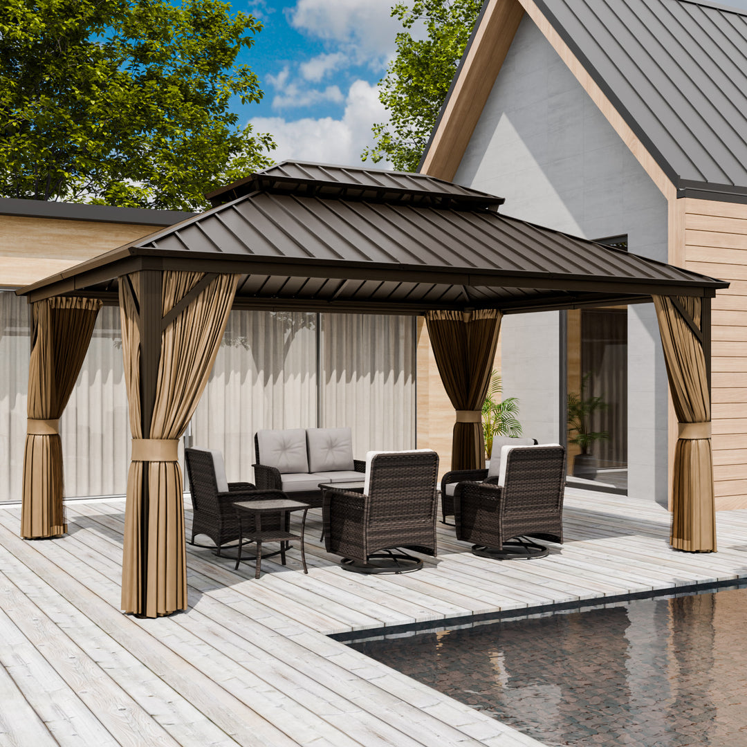 COOS BAY Hardtop Aluminum Frame Gazebo with Netting and Curtains