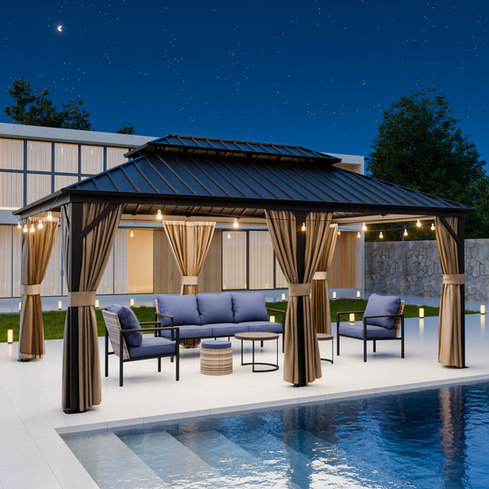 COOS BAY Hardtop Aluminum Frame Gazebo with Netting and Curtains