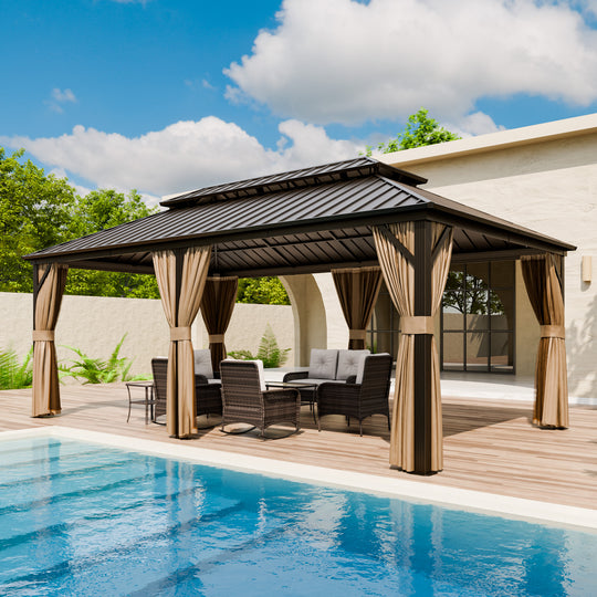 COOS BAY Hardtop Aluminum Frame Gazebo with Netting and Curtains